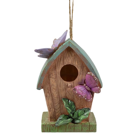 10&#x22; Brown &#x26; Green Hanging Birdhouse With Butterflies Outdoor Garden D&#xE9;cor